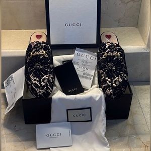GUCCI Princetown slides.Size 39. Leather/lace overlay. Box, dust bags & receipt
